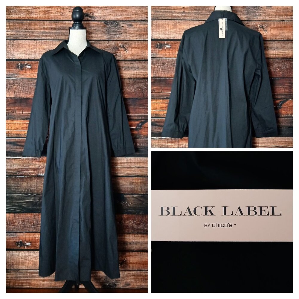 NWT Chicos Black Label M Midi Shirt Dress Black Button Up All Day Topper Pockets